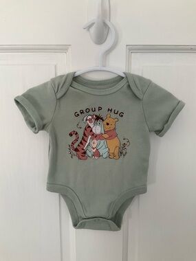 Disney Sage Green Winnie the Pooh 'Group Hug' Baby One-Piece